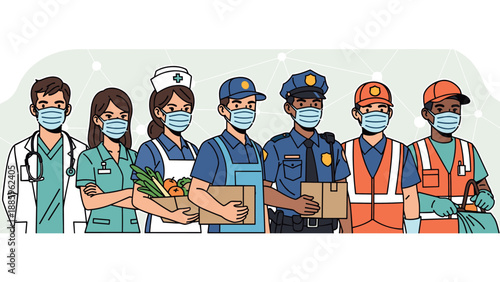 Essential workers wearing face masks - a depiction of healthcare, service, and public safety professionals in uniform
