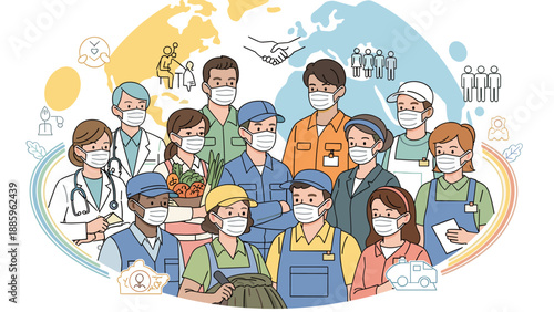 Global team of diverse essential workers wearing protective masks, demonstrating unity and resilience in providing vital services worldwide