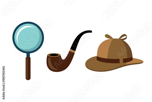 Cartoon detective accessories, magnifying glass, pipe, and safari hat on white background