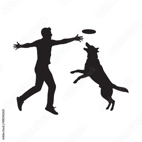 Silhouette of  man training with dog.  