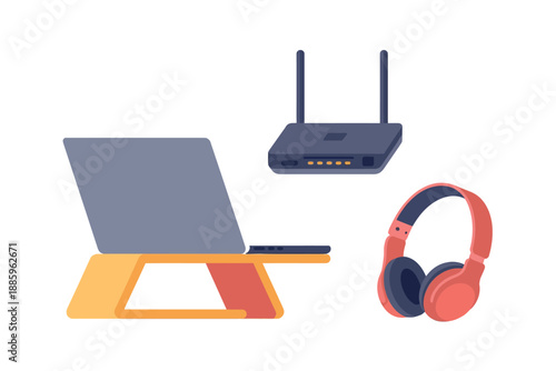 Laptop, router, and headphones illustration for technology and communication concept