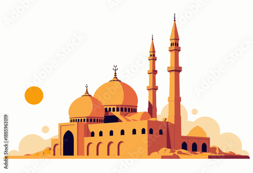 Serene Desert Mosque with Majestic Domes and Tall Minarets Basking Under the Golden Glow of the Sun and Surrounded by Sandy Dunes in a Tranquil Setting