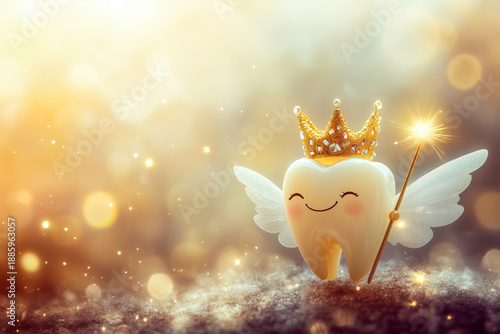 National Tooth Fairy Day. Children tooth fairy. Cute tooth with wings, a crown and a magic wand.