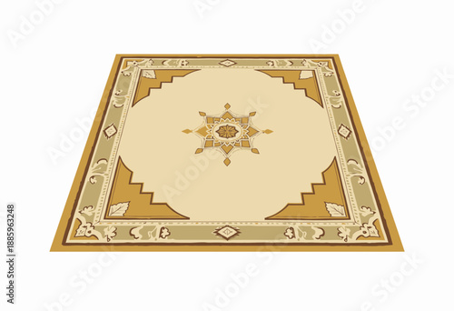 Intricately Designed Square Beige Oriental Rug with Geometric Patterns and Decorative Borders in Warm Earth Tones