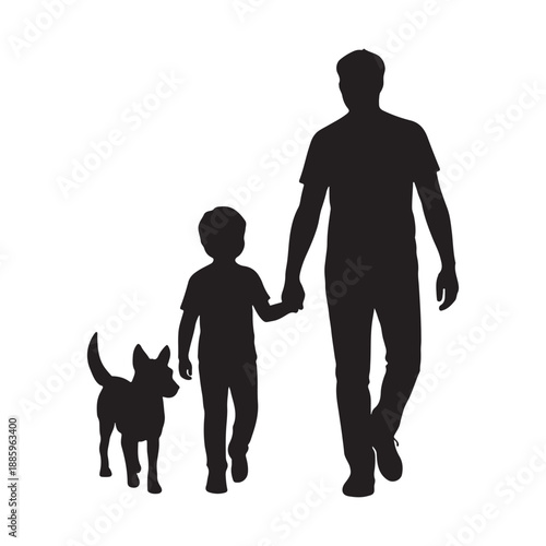 Silhouette of  father and son walking with dog vector illustration. Father daughter and pet outdoor walk vector