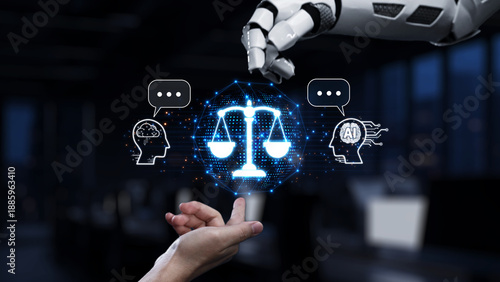 Tableau sur toile A robotic hand reaches out to a human hand, symbolizing the balance between artificial intelligence and human intelligence in a contemporary office setting