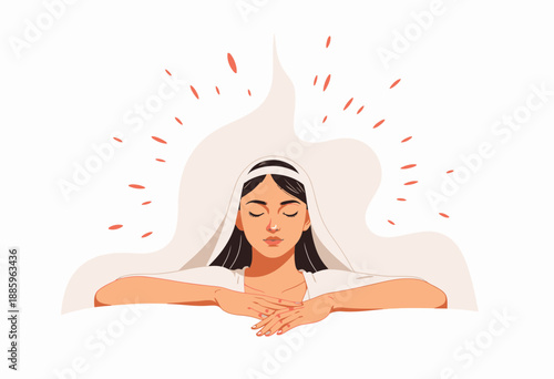 Peaceful Meditation of a Young Woman with Closed Eyes and Serene Expression in a Calming Abstract Background with Radiating Energy Patterns