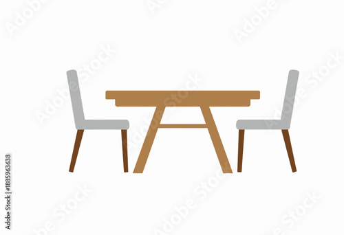 Minimalist Wooden Dining Table Set with Two Gray Upholstered Chairs on a Simple White Background for Modern Interior Design