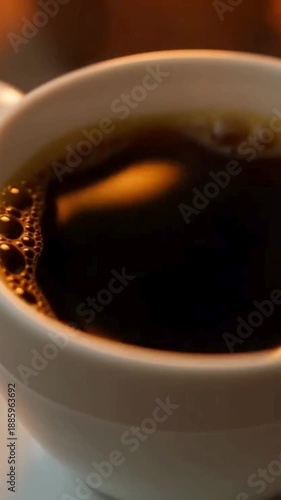 Hot black coffee swirling in cup with steam, minimal cinematic beverage motion