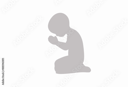 Gray 3D-rendered figure kneeling in prayerful meditation with hands clasped, set against an isolated white backdrop symbolizing contemplation and spirituality