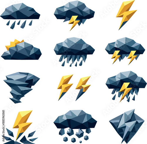 Polygonal Storm Icons. Early summer storm and thunder illustrated as a cohesive low-poly vector icon set built from angular