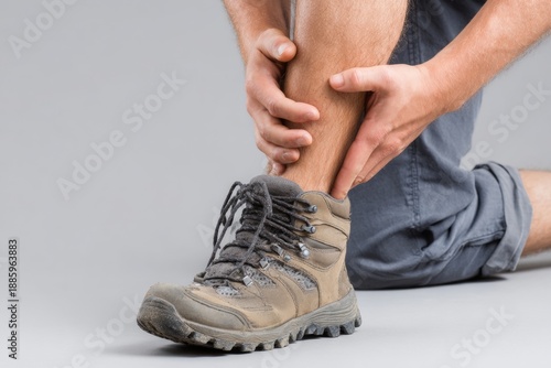 Wallpaper Mural Injured Hiker Holds Leg While Sitting on Light Gray Background During Outdoor Adventure Torontodigital.ca