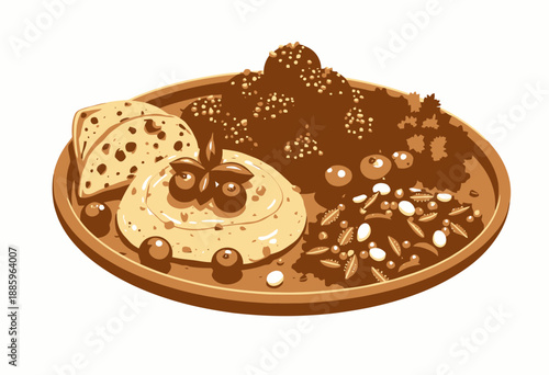 Illustration of a Middle Eastern Mezze Platter with Hummus, Falafel, Pita Bread, Fresh Tomatoes, and Herb Garnish on a Wooden Plate
