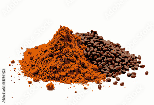 Close-up View of Aromatic Coffee Powder and Whole Coffee Beans Spread on a White Surface for Gourmet Beverage Preparation