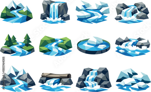 Spring Stream Icons. Flowing streams and early spring runoff illustrated as a cohesive low-poly vector icon set built from angular