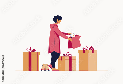 Person Unwrapping Festive Gift Boxes with Ribbons and Paper in Celebration Scene Featuring Cozy Atmosphere and Joyful Surprise Elements