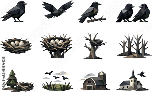 Low-Poly Bird Icon Set. Rook nest and bird habitat illustrated as a cohesive low-poly vector icon set built from angular polygonal