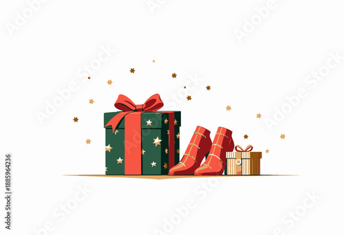 Festive Holiday Scene Featuring Starry Gift Boxes and Stylish Winter Footwear on a Sparkling Background