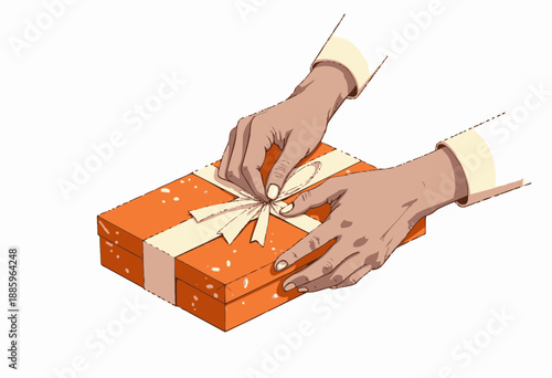 Close-Up of Hands Gently Tying a Cream Bow on an Orange Gift Box with White Speckles, Creating a Sense of Anticipation and Thoughtful Celebration