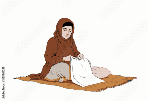 Young woman in traditional attire skillfully sewing fabric, seated on woven mat, showcasing artisanal craftsmanship