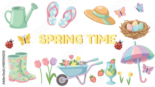 Springtime collection set with gardening tools, flowers, and butterflies vector illustration 