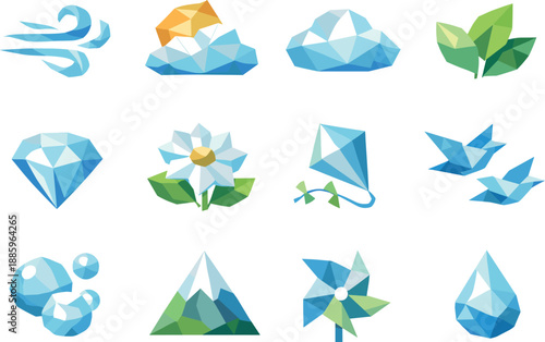 Springtime Low-Poly Icons. Springtime fresh air and outdoor breeze visualized as a low-poly vector icon set with sharp polygon