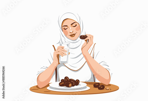 Illustration of a Woman in a White Hijab Eating Dates with a Glass of Water at a Wooden Table Emphasizing Cultural Tradition