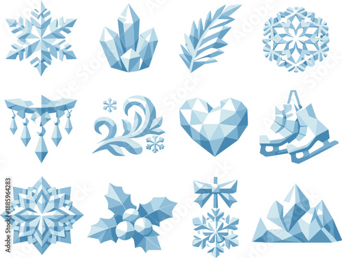 Winter Polygon Icons. Low-poly polygonal vector icon set focused on snow lace, frosty patterns, winter decorations, and delicate
