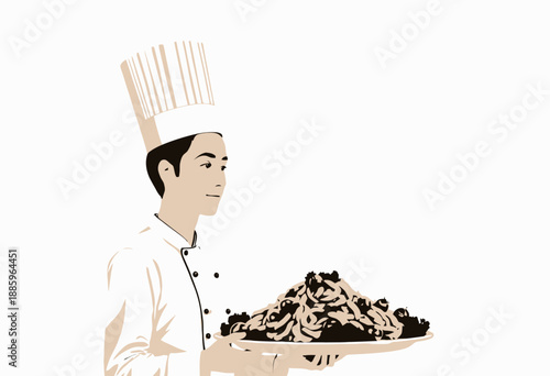 Professional Chef Presenting a Platter of Pasta with Cherry Tomatoes and Herbs Showcasing Culinary Skills and Culinary Presentation in a Kitchen Environment