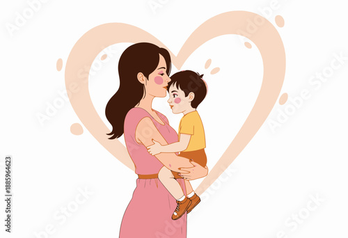Illustration of a Heartwarming Moment Between a Mother and Her Child Embraced in a Loving Hug with a Heart Symbol in the Background
