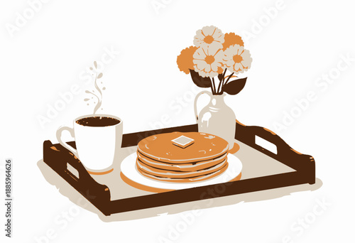 Delightful Breakfast Tray with Steaming Coffee, Stack of Golden Pancakes, and Blooming Vase of Fresh Flowers for a Perfect Start
