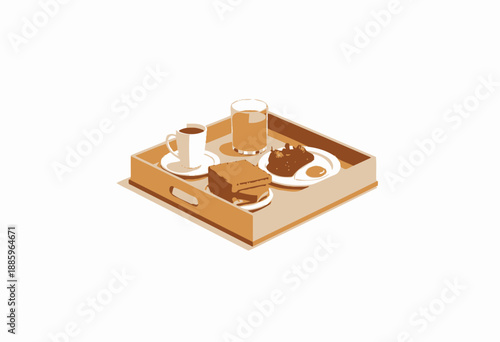 Wooden Tray with Breakfast Featuring Coffee, Orange Juice, Toast, Fried Egg, and Fresh Strawberries in Bright Minimalist Setting
