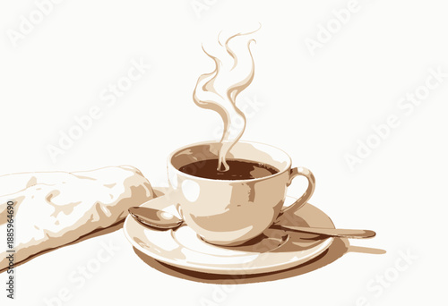 A steaming cup of freshly brewed espresso sits invitingly on a white saucer, its aroma wafting through the air, accompanied by a neatly folded napkin and teaspoon beside it.