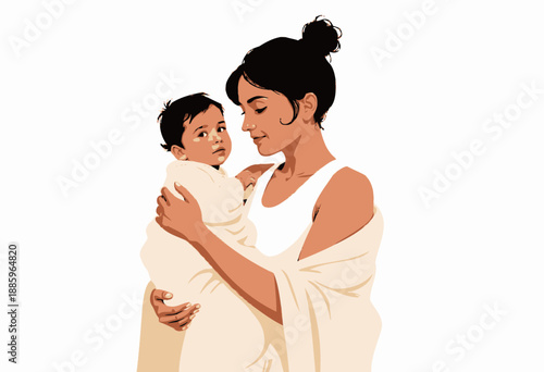 Tender Illustration of a Mother Cradling Her Infant Wrapped in a Blanket Against a Plain White Background
