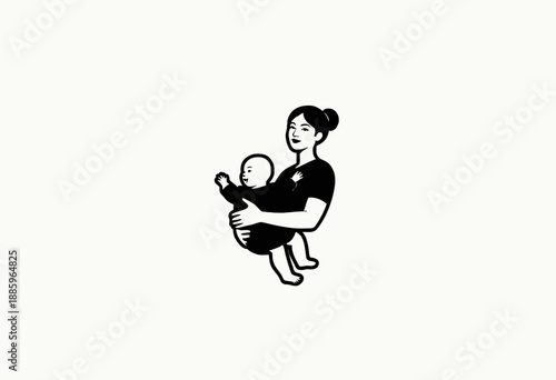 Illustrative depiction of a joyful and nurturing mother holding her happy baby, capturing the essence of love and warmth in a minimalist style artwork