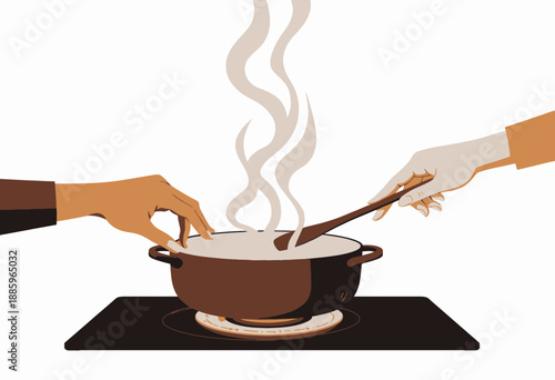 Two Hands Collaboratively Stirring a Steaming Pot on a Modern Gas Stove, Emphasizing Community Cooking and the Joy of Shared Culinary Experience