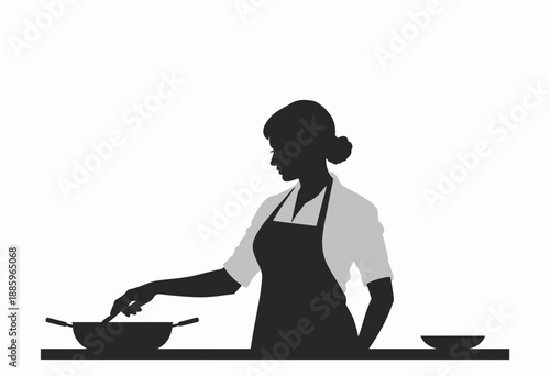 Silhouette of a Woman Cooking in a Kitchen While Wearing an Apron, Stirring Ingredients in a Pot on the Stove with a Bowl on the Counter
