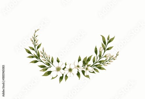 Elegant Floral Garland with Delicate White Flowers and Lush Green Foliage Perfect for Spring and Nature-Themed Decorations or Botanical Illustrations