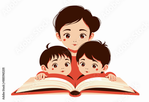Illustration of a Mother and Two Children Engaged in Reading a Book Together, Portraying Family Bonding and Educational Experience