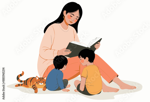 Illustration of a Woman Reading a Book Aloud to Two Children Sitting on the Floor with a Curious Cat Nearby, Creating a Warm and Educational Ambiance