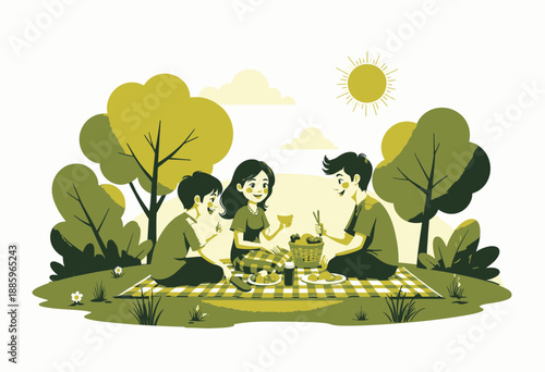Illustration of three friends enjoying a cheerful picnic under the sun, surrounded by lush green trees, sharing a variety of delicious food and drinks on a checkered blanket