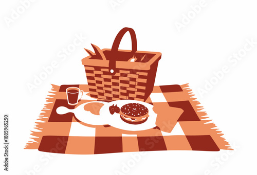A Delightful Picnic Setup Featuring a Wicker Basket, Sandwiches, Fresh Fruits, and Refreshing Beverages on a Classic Checkered Blanket
