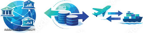 Global Trade Dynamics. Worldwide trading environment visualized as linked exchanges and cross-border capital flows, three symbolic