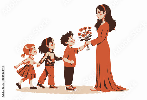 A heartwarming moment as three cheerful children present a bouquet of vibrant flowers to a smiling woman in a red dress, fostering a bond of gratitude and affection.