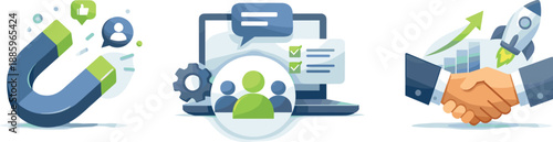 Lead Generation Icons. Lead generation framework depicted through attraction, engagement, and onboarding stages in sequence, three