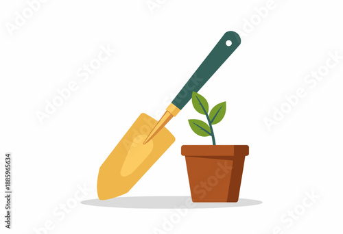 Illustration of a small green plant in a brown pot beside a garden trowel, symbolizing gardening basics and the nurturing of nature through simple tools
