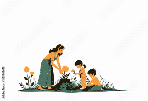 Family Bonding Through Nature: A Heartwarming Scene of a Mother and Children Planting Sunflowers Together in a Blossoming Garden