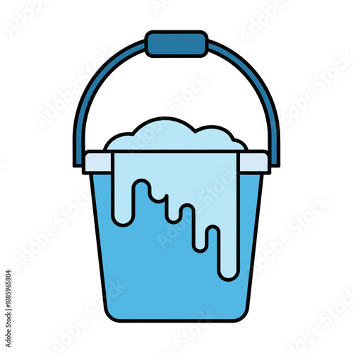 A blue bucket contains a light blue liquid spilling over the side.
