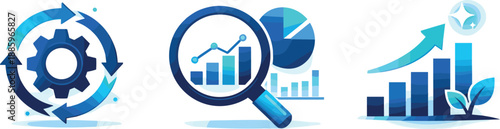 SEO Strategy Icons. Scalable SEO strategy ecosystem expressed through continuous optimization, analytics insights, and long-term