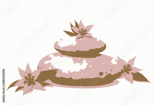 Serene Composition of Two Balanced Smooth Stones Adorned with Vibrant Pink Flowers and Green Leaves on a Soft White Background